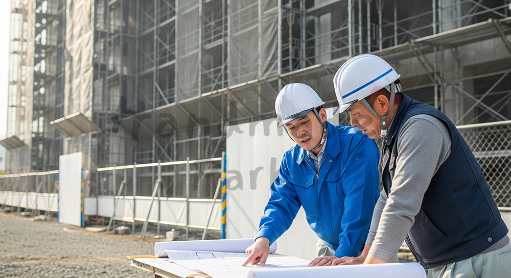 フリー素材 無料 写真｜仮囲い前で図面を広げ打ち合わせをする日本人施工管理者と職長 写真背景