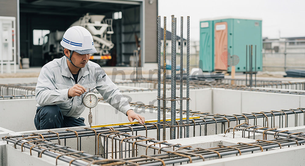 フリー素材 無料 写真｜住宅基礎の配筋ピッチをスケールで測定する日本人作業員 背景素材