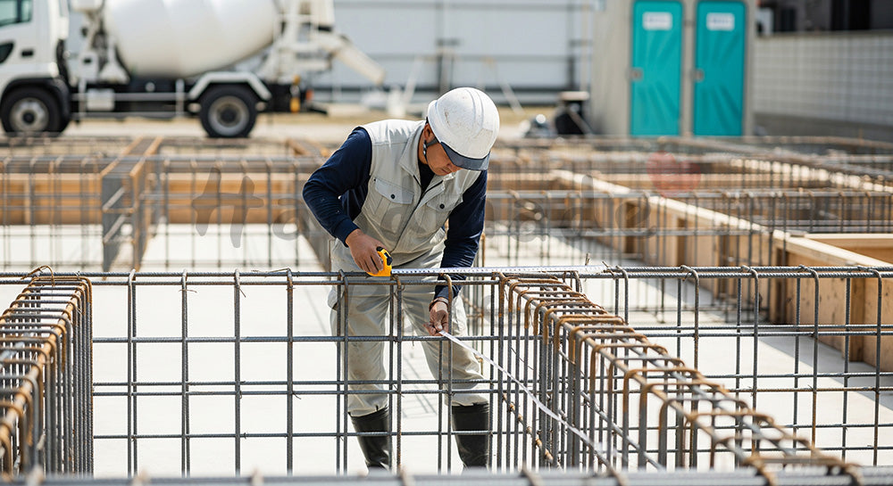 フリー素材 無料 写真｜住宅基礎の配筋ピッチをスケールで測定する日本人作業員