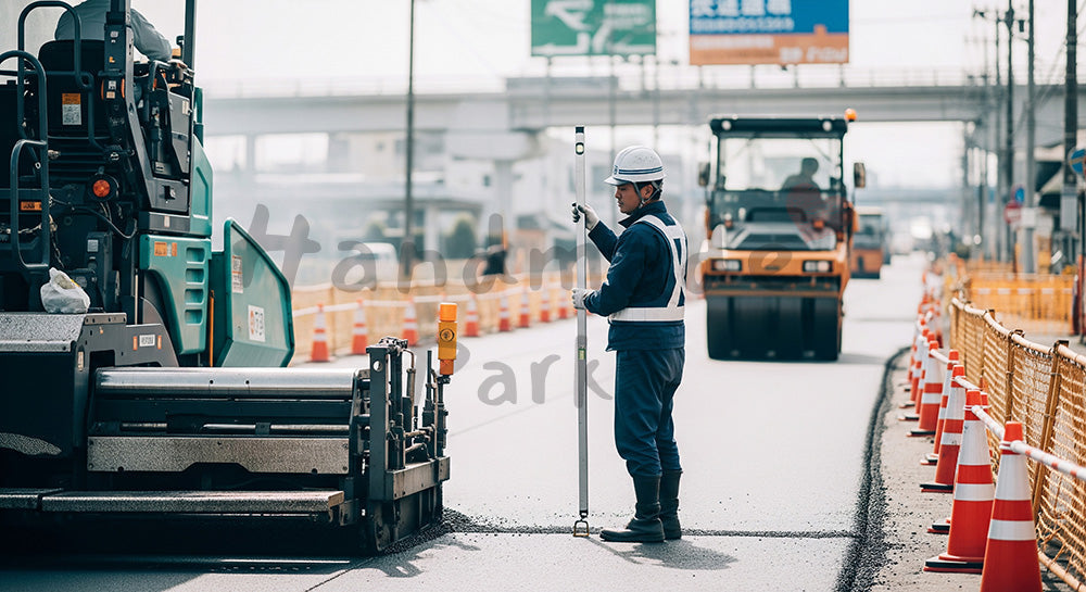 フリー素材 無料 写真｜レベル棒で路面高さを確認する日本人道路工事作業員 余白あり