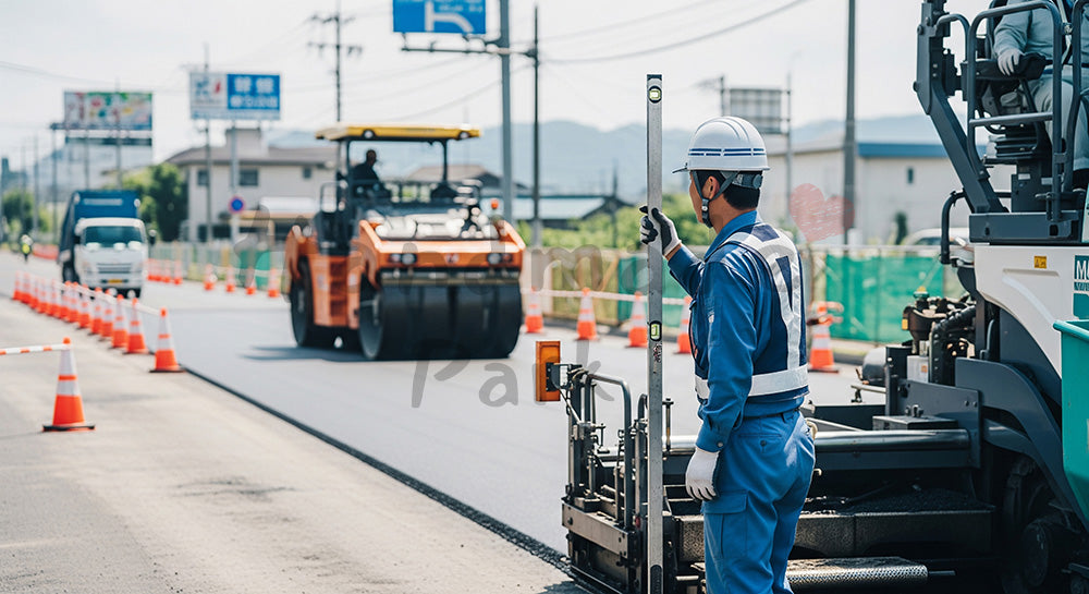 フリー素材 無料 写真｜レベル棒で路面高さを確認する日本人道路工事作業員 背景素材