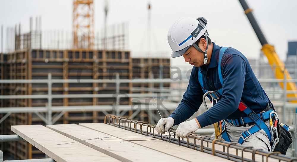 フリー素材 無料 写真｜足場上で鉄筋を結束する日本人鉄筋工 余白あり