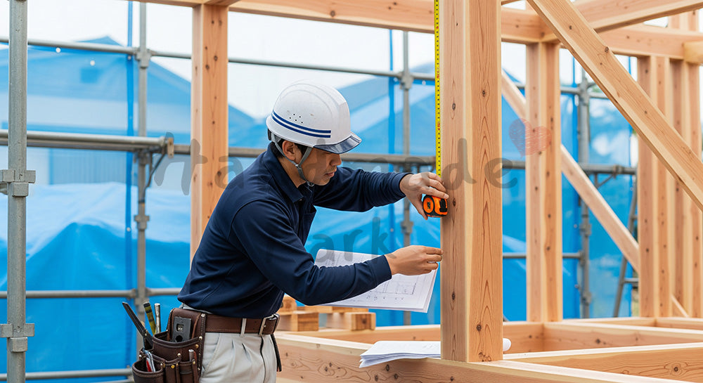 フリー素材 無料 写真｜木造住宅の柱と梁の取り合いを図面とスケールで確認する日本人大工 余白あり