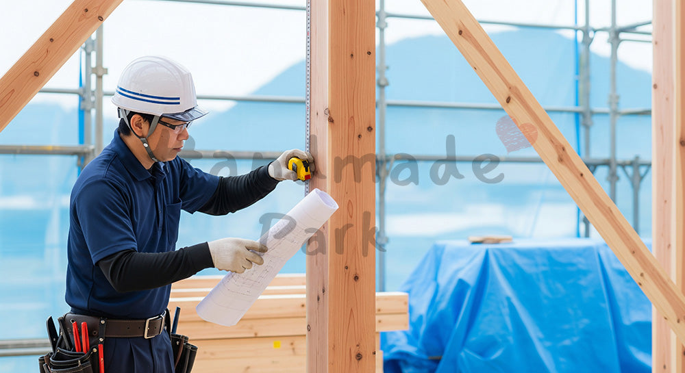 フリー素材 無料 写真｜木造住宅の柱と梁の取り合いを図面とスケールで確認する日本人大工