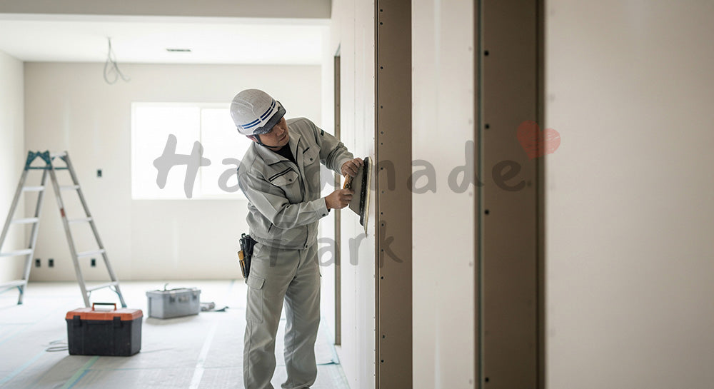 フリー素材 無料 写真｜石膏ボードのジョイントをパテ処理する日本人内装職人 余白あり