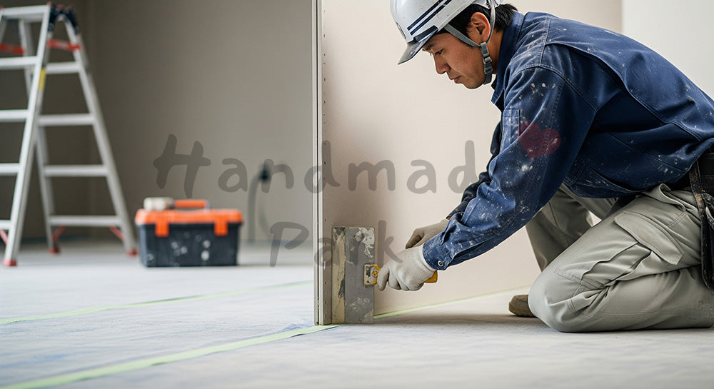 フリー素材 無料 写真｜石膏ボードのジョイントをパテ処理する日本人内装職人 写真背景