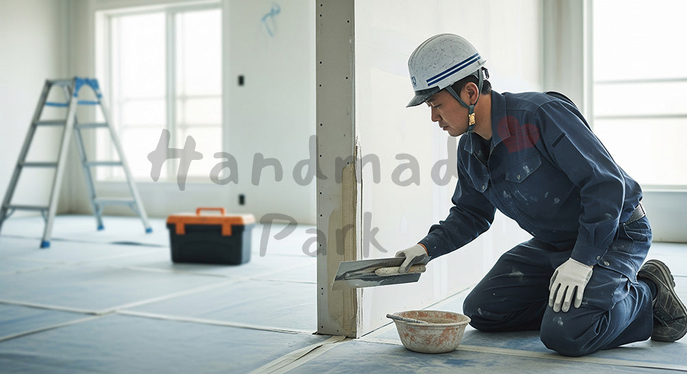 フリー素材 無料 写真｜石膏ボードのジョイントをパテ処理する日本人内装職人 背景素材