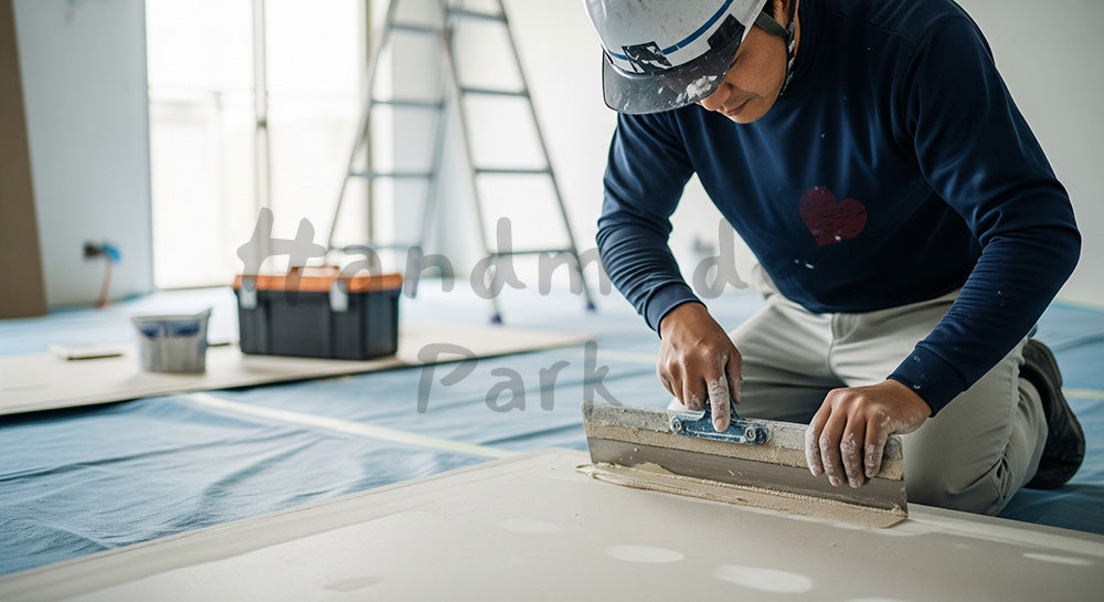 フリー素材 無料 写真｜石膏ボードのジョイントをパテ処理する日本人内装職人