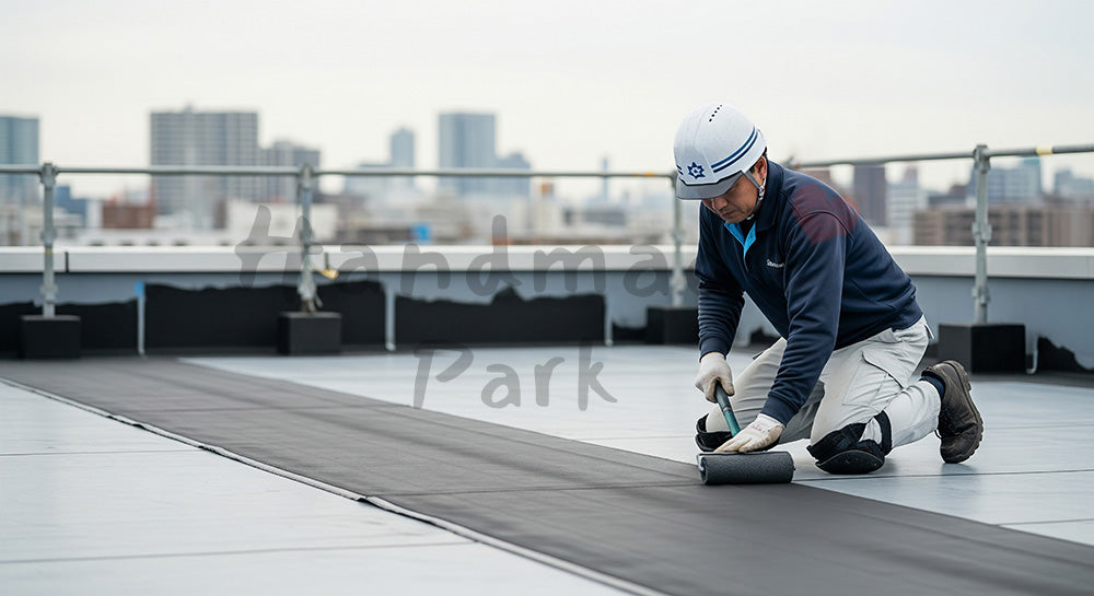 フリー素材 無料 写真｜屋上防水シートの継ぎ目をローラーで押さえる日本人作業員 背景素材