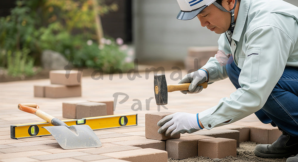 フリー素材 無料 写真｜レンガブロックの高さをゴムハンマーで微調整する日本人外構職人 写真背景