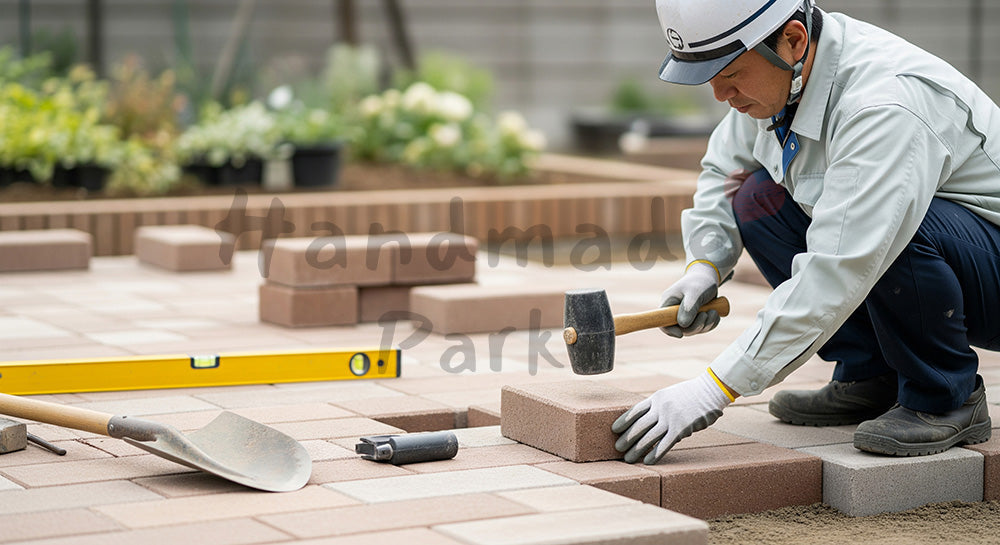 フリー素材 無料 写真｜レンガブロックの高さをゴムハンマーで微調整する日本人外構職人 背景素材