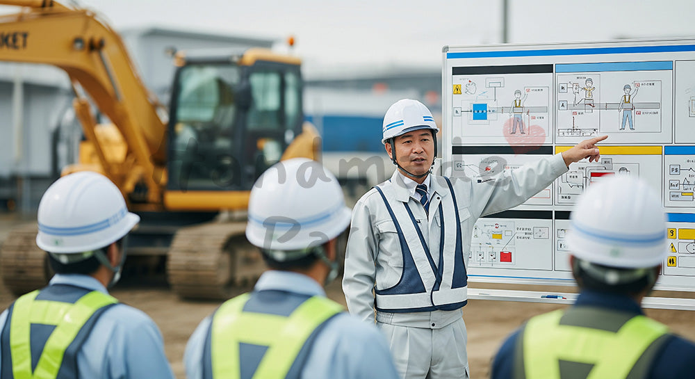 フリー素材 無料 写真｜安全朝礼で掲示板を指しながら説明する日本人現場代理人と作業員 写真背景