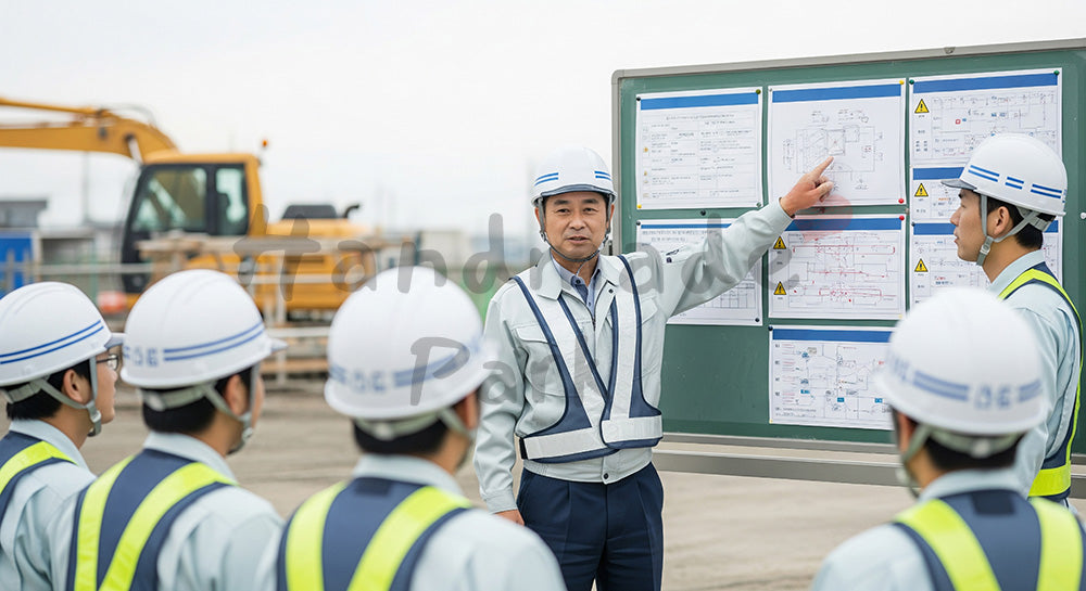 フリー素材 無料 写真｜安全朝礼で掲示板を指しながら説明する日本人現場代理人と作業員 背景素材