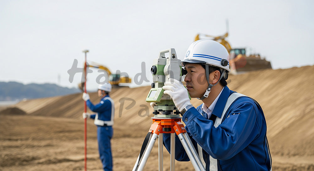 フリー素材 無料 写真｜トータルステーションで現場を測量する日本人測量士
