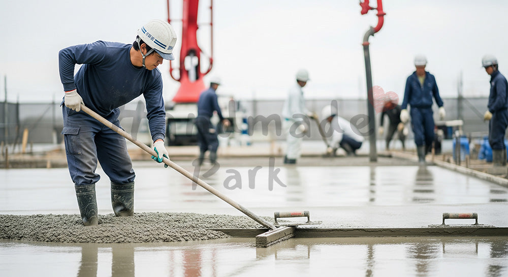 フリー素材 無料 写真｜コンクリートスラブをトンボと金ゴテでならす日本人左官職人 背景素材