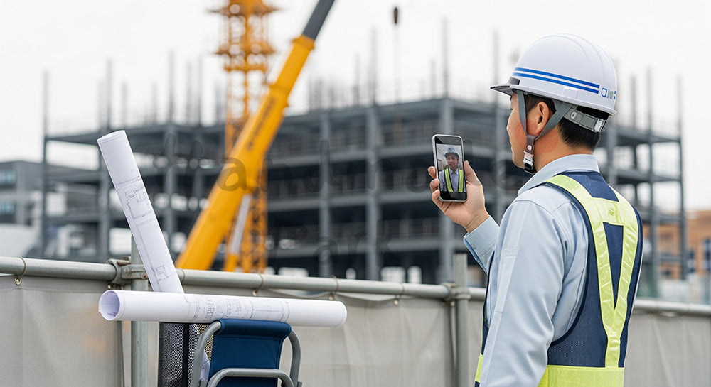 フリー素材 無料 写真｜スマートフォンで本社とビデオ通話する日本人現場監督 写真背景