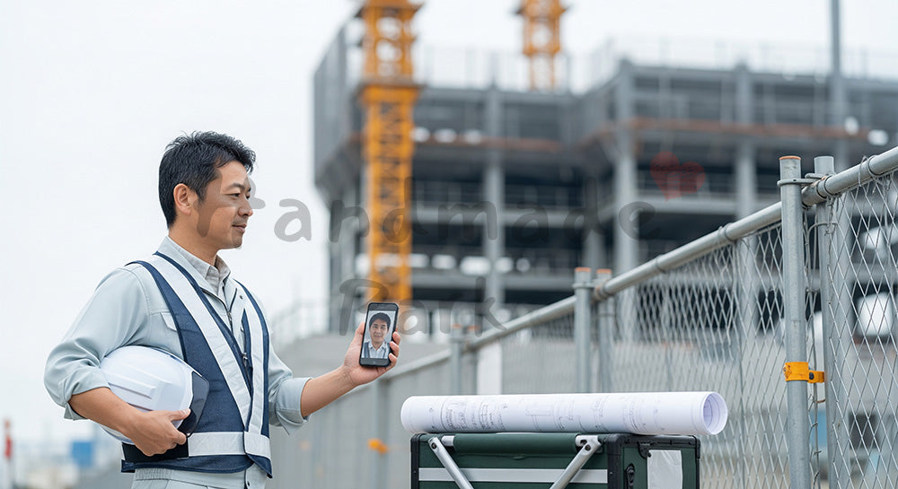 フリー素材 無料 写真｜スマートフォンで本社とビデオ通話する日本人現場監督 背景素材