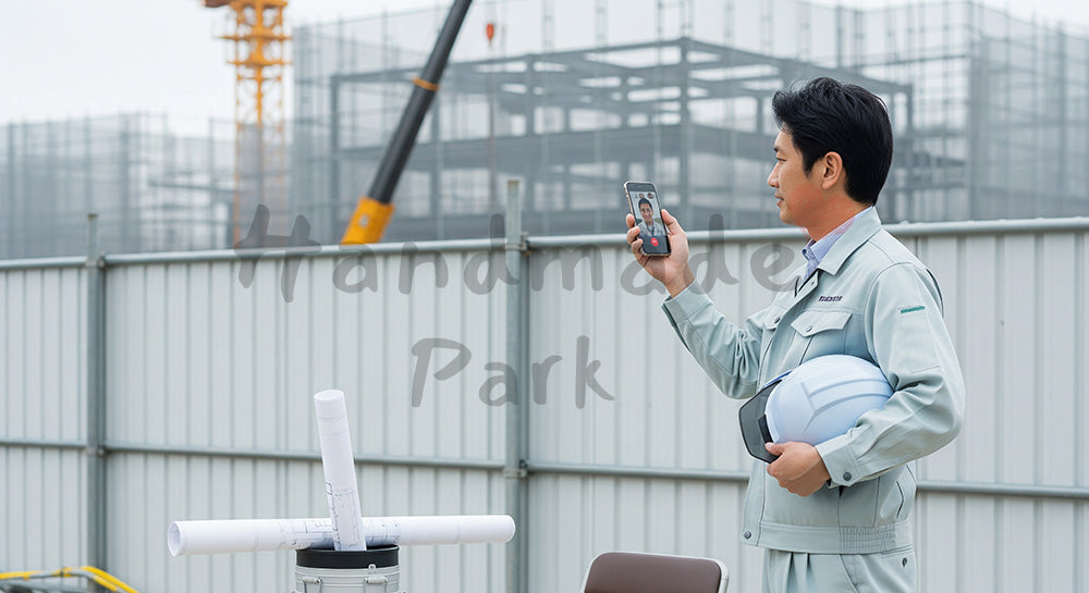 フリー素材 無料 写真｜スマートフォンで本社とビデオ通話する日本人現場監督