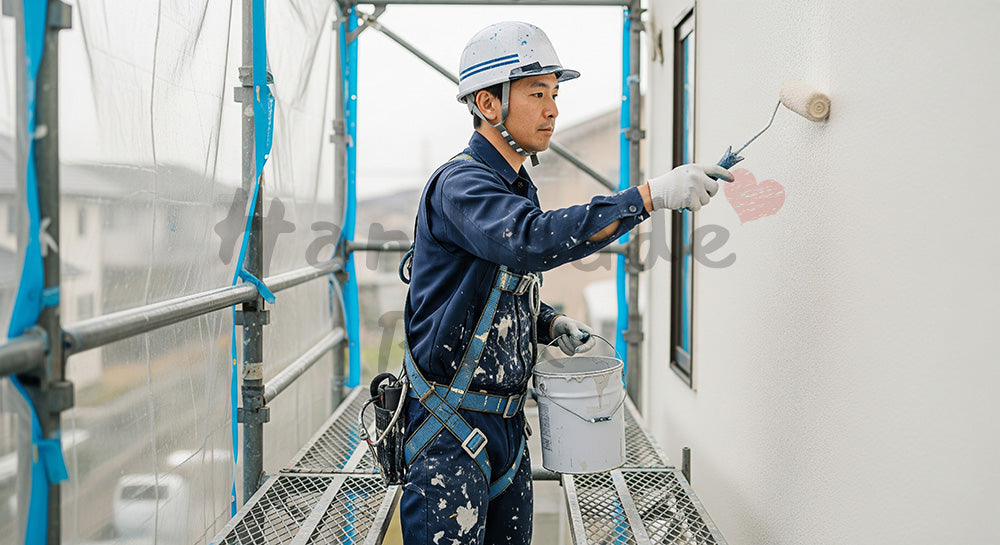 フリー素材 無料 写真｜足場上で外壁にローラー塗装を行う日本人塗装職人 余白あり