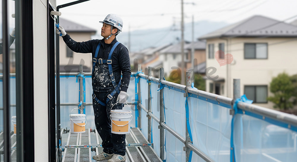 フリー素材 無料 写真｜足場上で外壁にローラー塗装を行う日本人塗装職人 写真背景