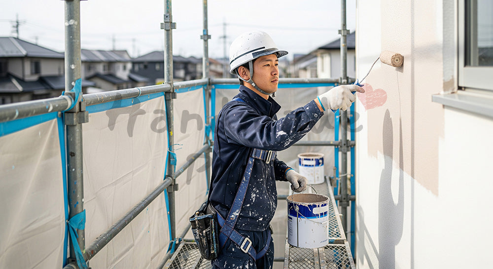 フリー素材 無料 写真｜足場上で外壁にローラー塗装を行う日本人塗装職人 背景素材