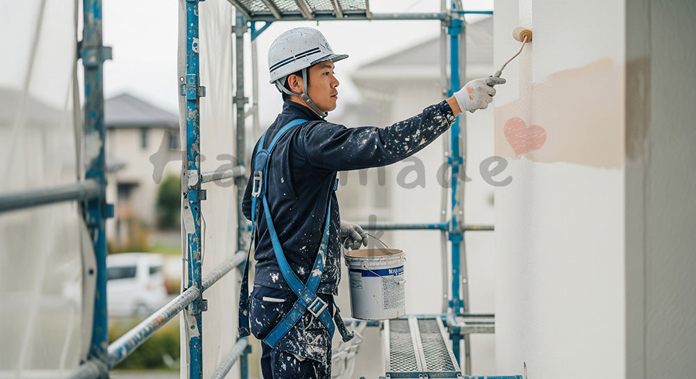 フリー素材 無料 写真｜足場上で外壁にローラー塗装を行う日本人塗装職人