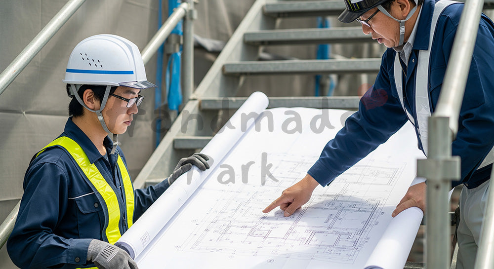 フリー素材 無料 写真｜仮設階段付近で図面を使って新人に指導する日本人先輩作業員 余白あり