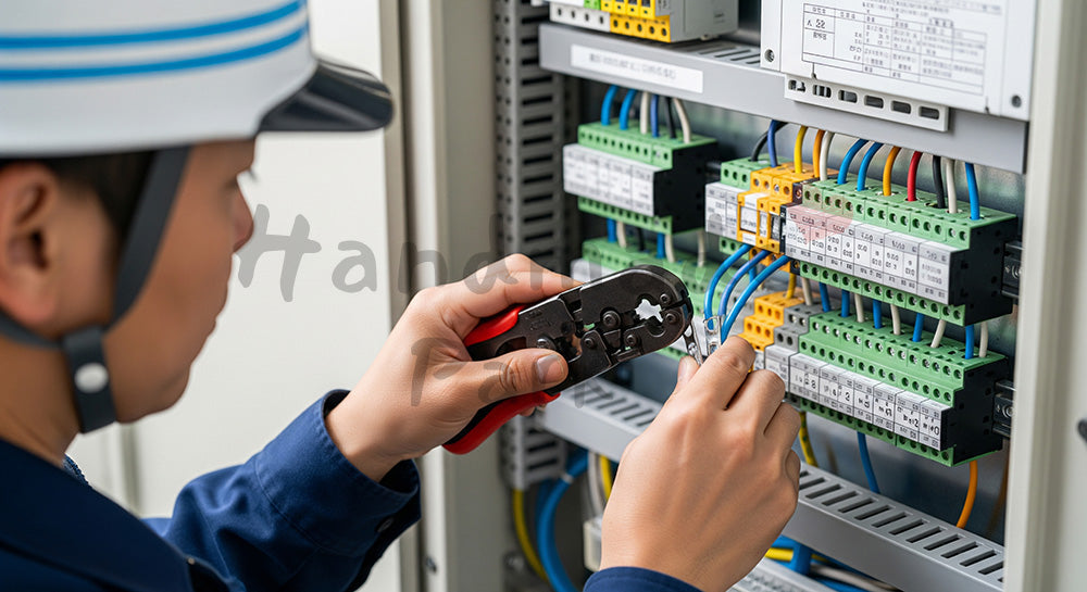 フリー素材 無料 写真｜分電盤内でケーブル端子を接続する日本人電気工の手元クローズアップ 余白あり