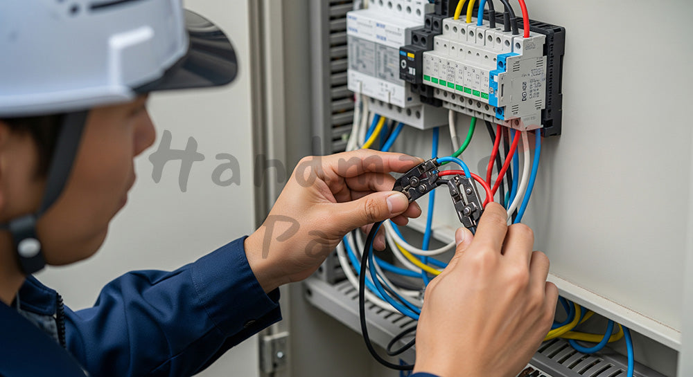 フリー素材 無料 写真｜分電盤内でケーブル端子を接続する日本人電気工の手元クローズアップ 背景素材