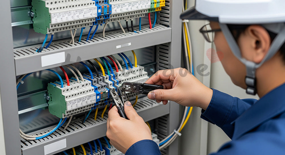 フリー素材 無料 写真｜分電盤内でケーブル端子を接続する日本人電気工の手元クローズアップ