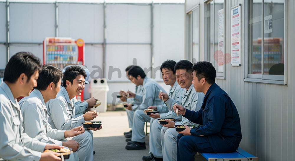 フリー素材 無料 写真｜建設現場の昼休みにベンチで弁当を食べて談笑する日本人作業員たち 余白あり
