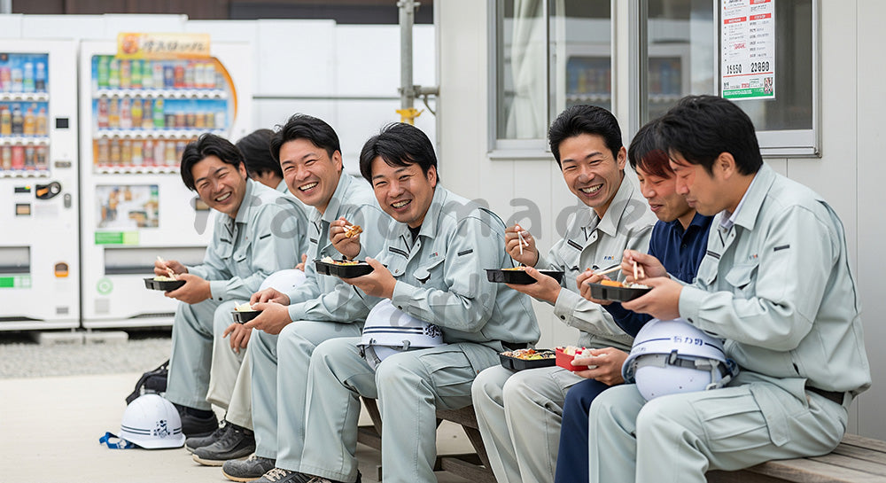 フリー素材 無料 写真｜建設現場の昼休みにベンチで弁当を食べて談笑する日本人作業員たち 写真背景