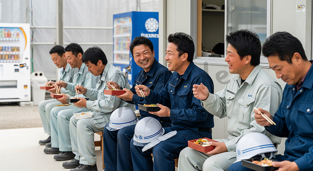 フリー素材 無料 写真｜建設現場の昼休みにベンチで弁当を食べて談笑する日本人作業員たち 背景素材