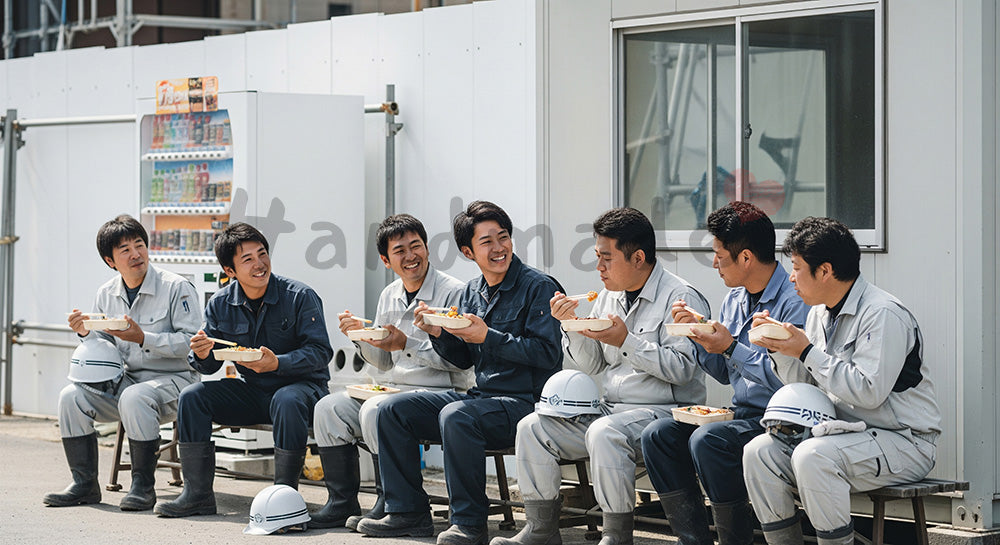 フリー素材 無料 写真｜建設現場の昼休みにベンチで弁当を食べて談笑する日本人作業員たち