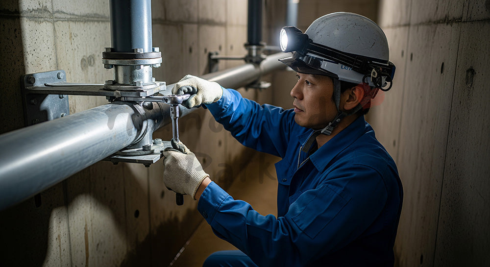 フリー素材 無料 写真｜地下ピット内で配管支持金物をラチェットレンチで締める日本人作業員 余白あり