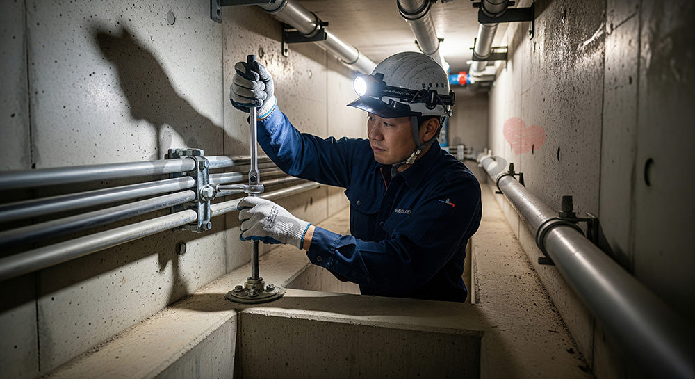 フリー素材 無料 写真｜地下ピット内で配管支持金物をラチェットレンチで締める日本人作業員 背景素材