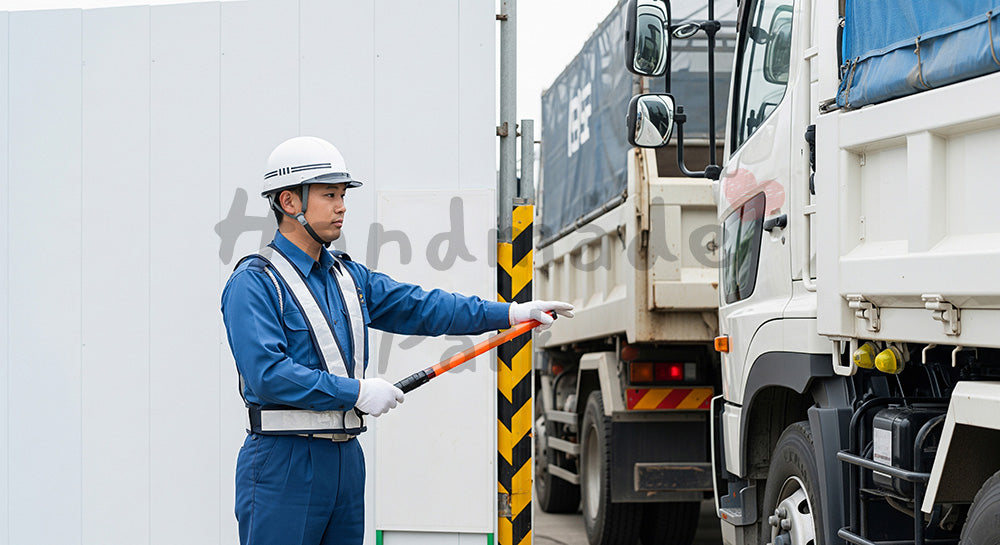 フリー素材 無料 写真｜建設現場ゲート前でトラックの出入りを誘導する日本人警備員 背景素材