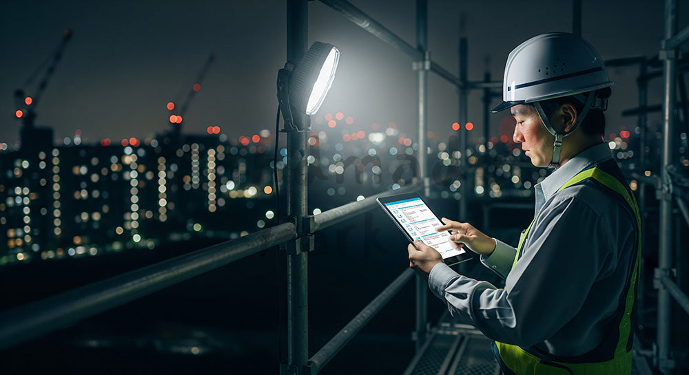 フリー素材 無料 写真｜夜間の足場上でタブレットを使い工程と安全チェックを確認する日本人作業員 余白あり