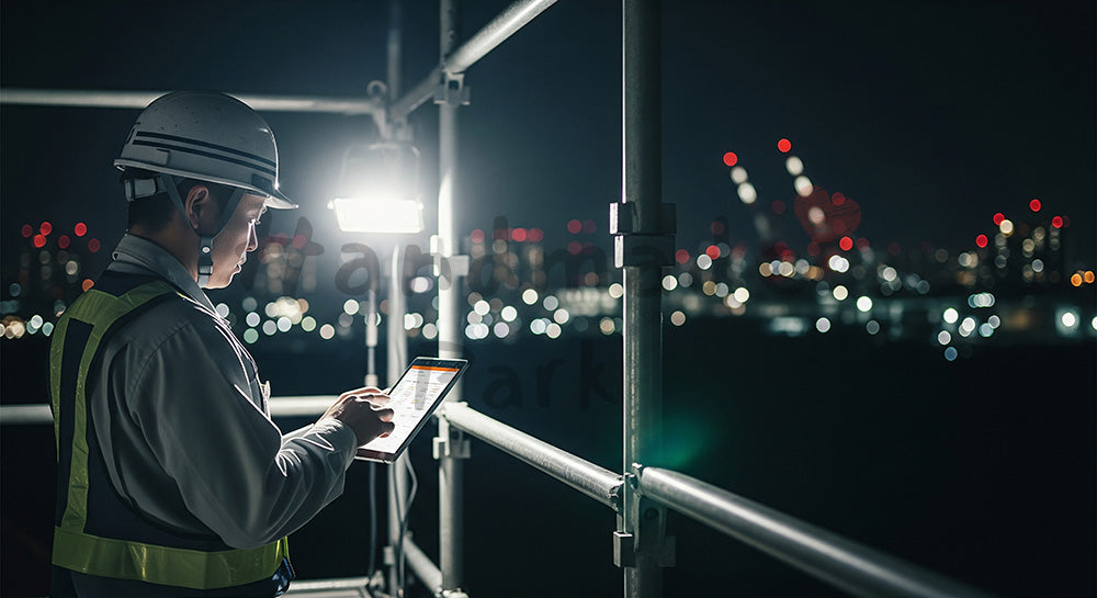 フリー素材 無料 写真｜夜間の足場上でタブレットを使い工程と安全チェックを確認する日本人作業員 背景素材
