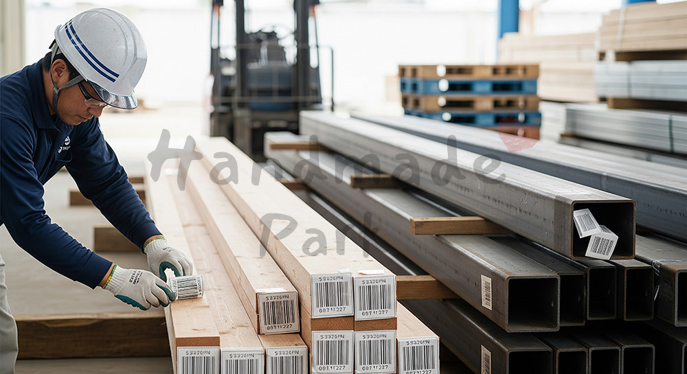 フリー素材 無料 写真|資材置き場で木材や鋼材を整理しラベルを貼る日本人作業員 余白あり