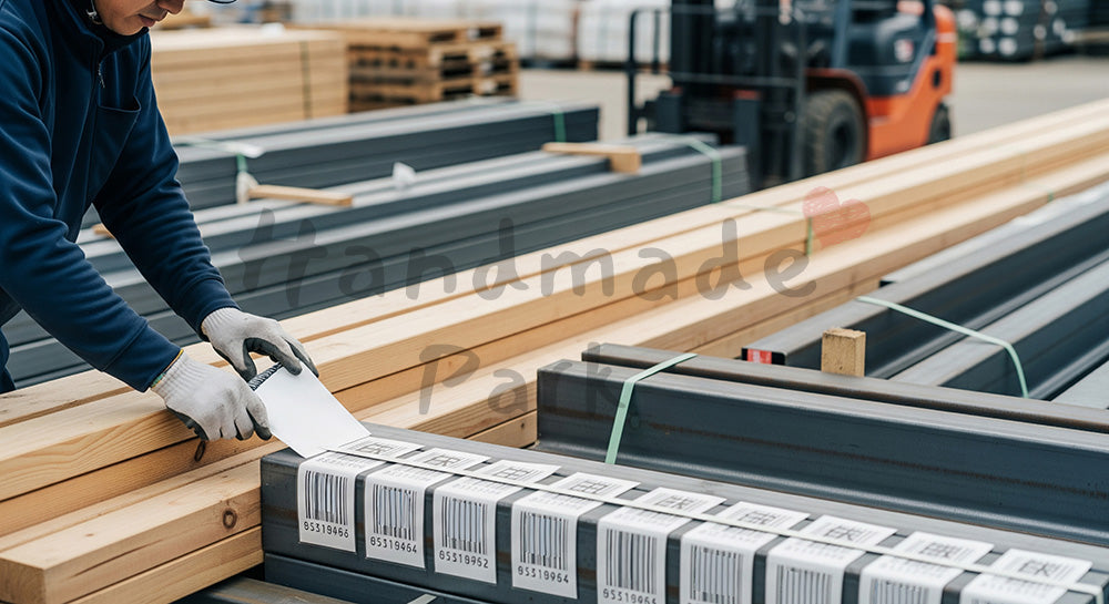 フリー素材 無料 写真｜資材置き場で木材や鋼材を整理しラベルを貼る日本人作業員 背景素材