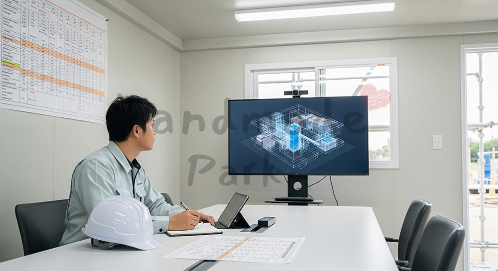 フリー素材 無料 写真｜仮設会議室で工程表と3Dモデルを確認しタブレットにメモする日本人PM 写真背景