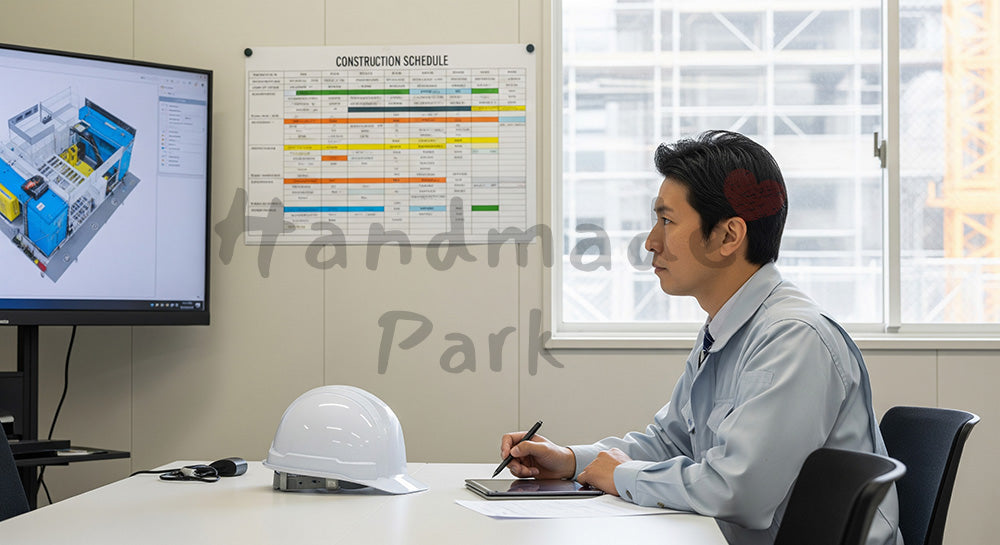 フリー素材 無料 写真｜仮設会議室で工程表と3Dモデルを確認しタブレットにメモする日本人PM