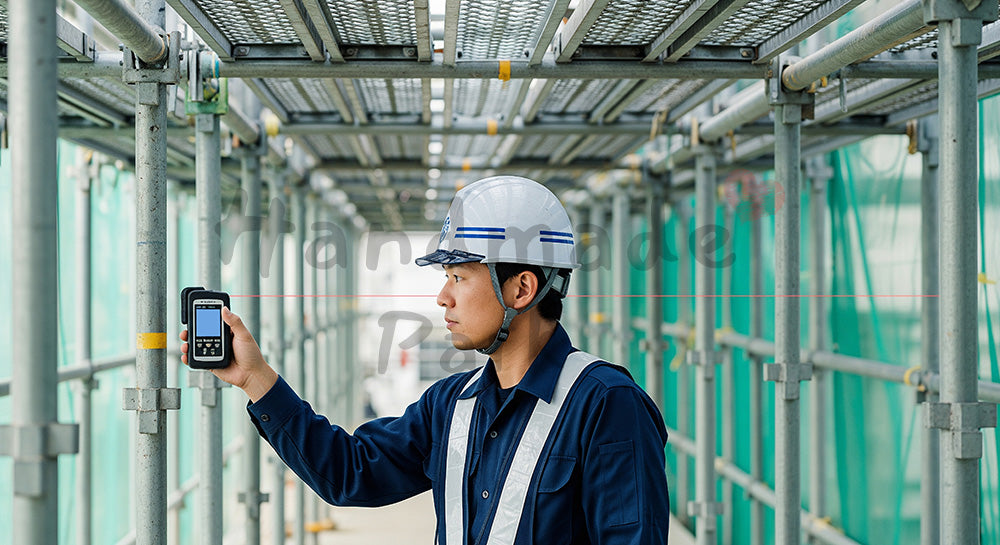 フリー素材 無料 写真｜足場下でレーザー距離計を使い柱間寸法を測る日本人作業員 写真背景