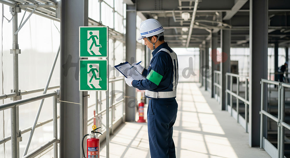 フリー素材 無料 写真｜建設現場通路で消火器や非常口表示を点検する日本人安全担当者 背景素材