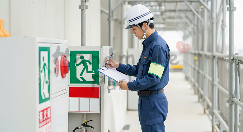 フリー素材 無料 写真｜建設現場通路で消火器や非常口表示を点検する日本人安全担当者