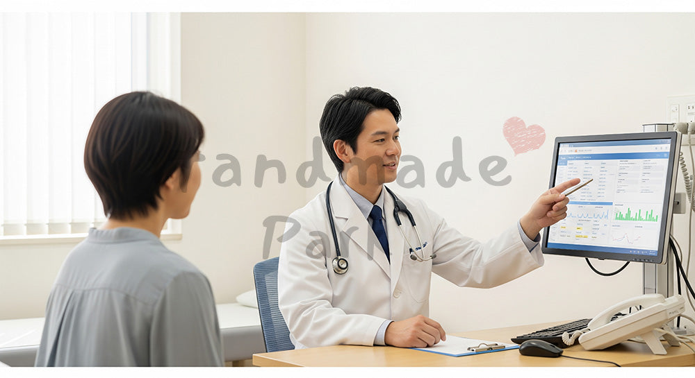 フリー素材 無料 写真｜電子カルテ画面を指しながら患者に説明する日本人ドクター 余白あり