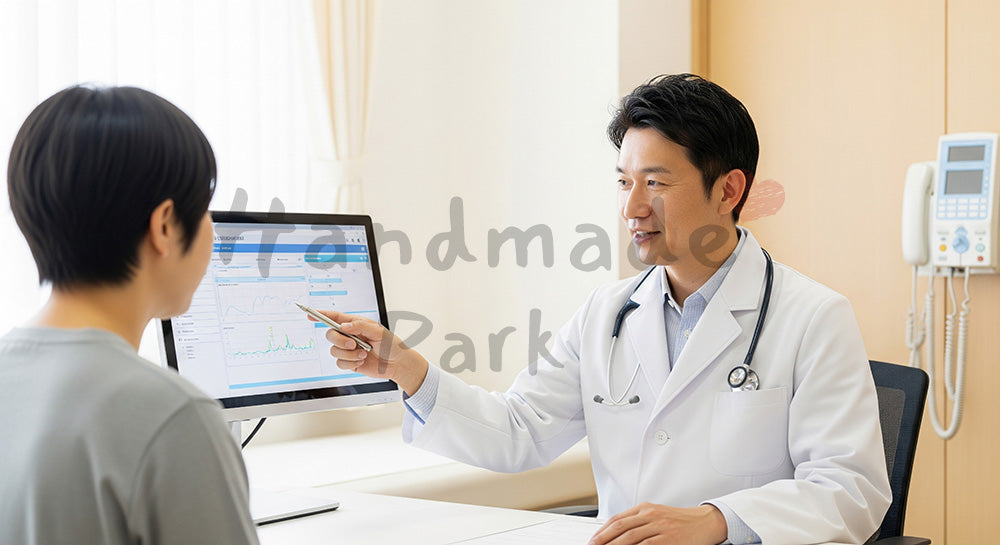 フリー素材 無料 写真｜電子カルテ画面を指しながら患者に説明する日本人ドクター 写真背景