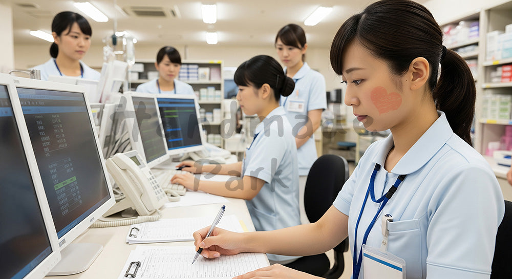 フリー素材 無料 写真｜看護師ステーションで申し送りをする日本人看護師たち 余白あり