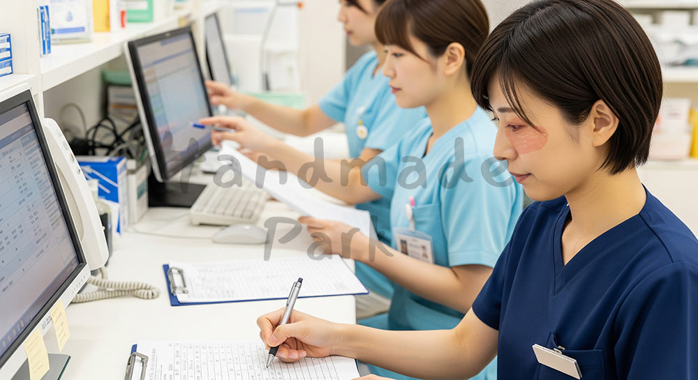 フリー素材 無料 写真｜看護師ステーションで申し送りをする日本人看護師たち 写真背景